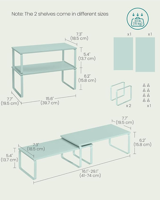 SONGMICS Cabinet Organizer Shelf, Set of 2 Kitchen Counter Shelves, Kitchen Storage, Spice Rack, Stackable, Expandable, Metal and Engineered Wood, Moonlight Green UKCS200C01