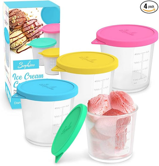 SOPHICO Ice Cream Pint Containers with Silicone Lids, Freezer Food Storage Tubs for Homemade IceCream, Meal Prep, Yogurt and Soup, Airtight & Dishwasher Safe (MEDIUM, 4 Pack)