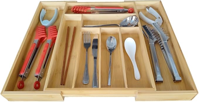 Adjustable Bamboo Drawer Organizer, Expandable Silverware Drawer Organizer, Large Cutlery Tray with Wooden Drawer Dividers for Flatware Organizing Kitchen Utensils Holder (6-8 Slots, Natural)