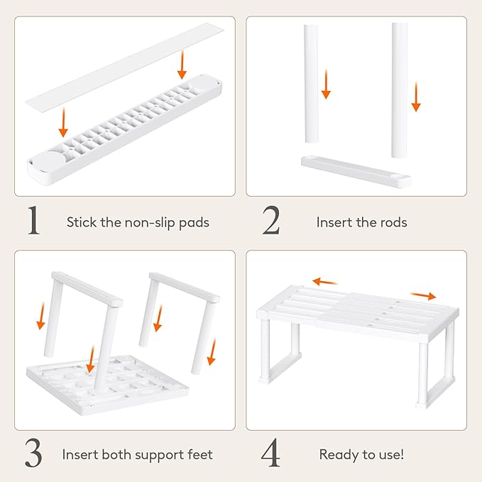 Lifewit Cabinet Shelf Organizer, Expandable Countertop Kitchen Shelves, Plastic Shelf Riser for Pantry Kitchen Storage and Spice Rack, Set of 4, White