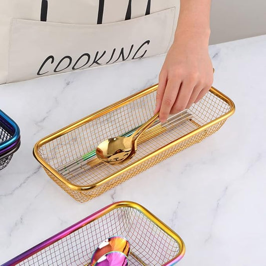 Kitchen Flatware Drawer Organizer, 2pcs Stackable Mesh Cabinet Storage Basket, Stainless Steel Kitchen Utensils Filter Drying Rack Holder for Knives, Fork, Spoon Chopsticks Gold