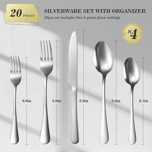 20-Piece Silverware Set with Organizer，Heavy Duty Stainless Steel Flatware Cutlery Tableware Set for 4，Includes 5-Compartment Silverware Tray with Cutlery Icons，First Apartment Kitchen Essentials
