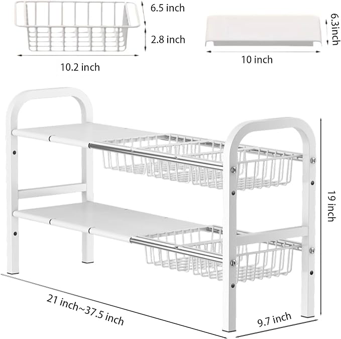Under Sink Organizer，2 Tier Expandable Heavy Duty Metal Shelf，with 5 Removable Panels and 5 Storage Basket for Under Kitchen Bathroom Sink Organizers and Storage (White, X-Large)