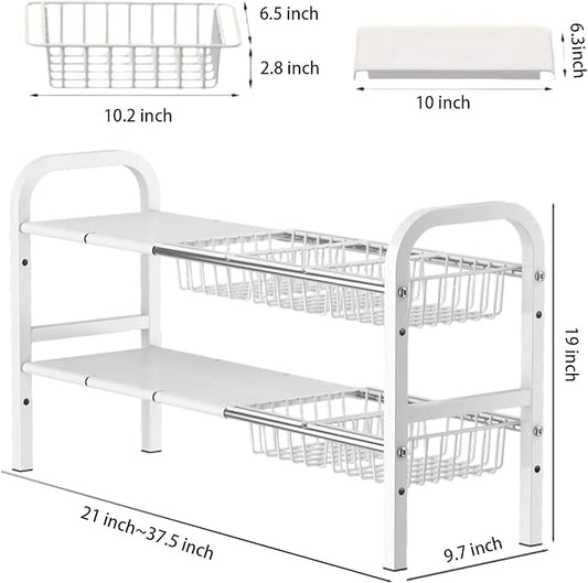 Under Sink Organizer，2 Tier Expandable Heavy Duty Metal Shelf，with 5 Removable Panels and 5 Storage Basket for Under Kitchen Bathroom Sink Organizers and Storage (White, X-Large)