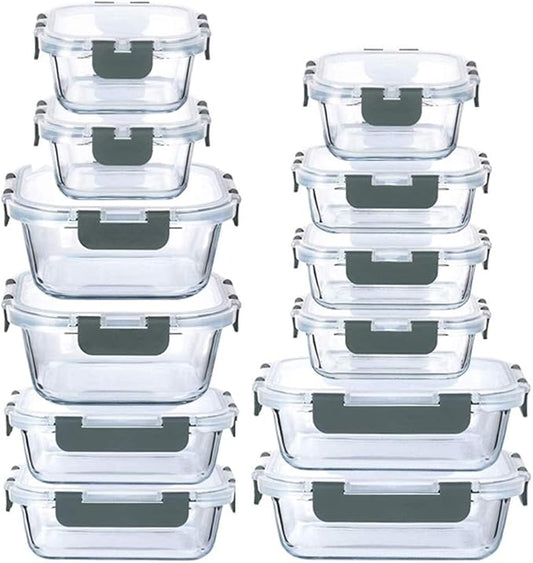 LYTIO Glass Food Containers Storage Organizers for Kitchen Pantry | BPA Free | Leak Proof | Odor Proof | Stain Resistant | 12 Sets | Freezer and Oven Safe(Gray)
