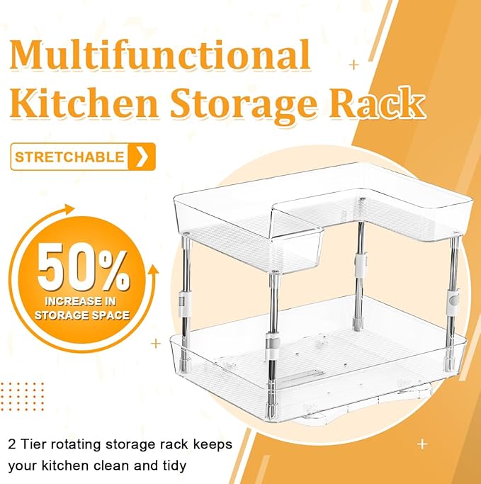 2 Pack Lazy Susan Turntable Organizer 2 Tier, 360° Rotating Condiment Organizer, Refrigerator Organizers and Storage for Cabinet, Kitchen, Countertop, Bathroom, Vanity, Non-Slip Base, Clear