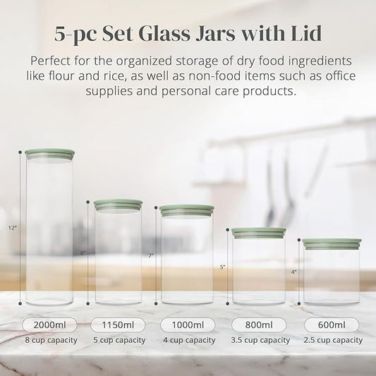 5-Piece Glass Storage Containers With Lids | Food Grade Safe Airtight Snack Containers, Pantry Organizers and Kitchen Storage with Colorful Bamboo Lids for Pasta, Oats, Coffee & Sugar