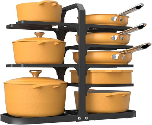 Podxco Pot and Pan Organizer for Under Cabinet, Thickened 8-Tier Adjustable Heavy Duty Pot Organizers Inside Cabinet, Rust-Resistance Pan Organizers Inside Cabinet for Cast-iron Pans, Heavy Skillets
