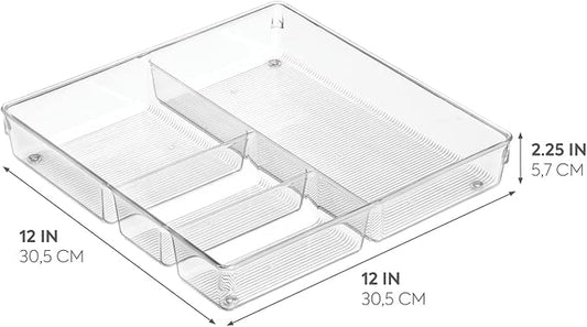 iDesign Linus Kitchen Drawer Organizer for Silverware, Spatulas, Gadgets - 12" x 12" x 2", Clear
