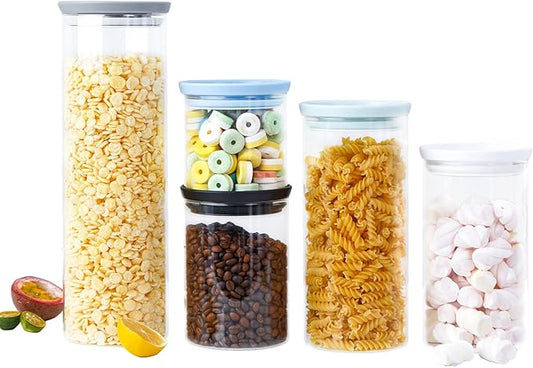 Glass Food Storage Jars with Plastic Lid Set of 5- Jars for Spaghetti Pasta, Cookie, Rice, Flour, Nuts