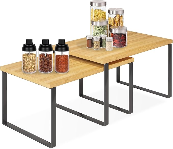 SUYU Kitchen Cabinet Organizer Shelf,Bamboo Spice Rack Set of 2,Space-Saving Countertop Organizer for Kitchen, Office, or Closet, Stackable and Nesting Shelves,Black and Natural SCW201H