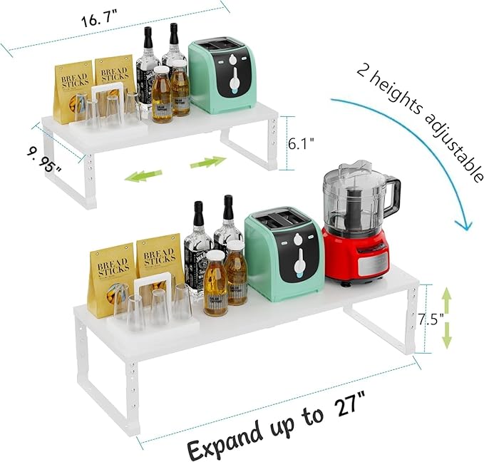 Expandable Cabinet Shelf Organizer Storage Spice Rack Shelves for Kitchen Stackable Adjustable Pantry Cupboard Bathroom Countertop Desktop(2Packs/White/Large)
