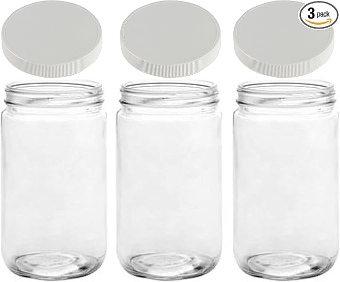 JARMING COLLECTIONS Mason Jars 32 Oz Glass Extra Wide Mouth Quart Storage Jars With Lids - BPA Free Plastic Storage Lids - Made in USA - Quart Glass Jars 32 oz with Lids (Set of 3)