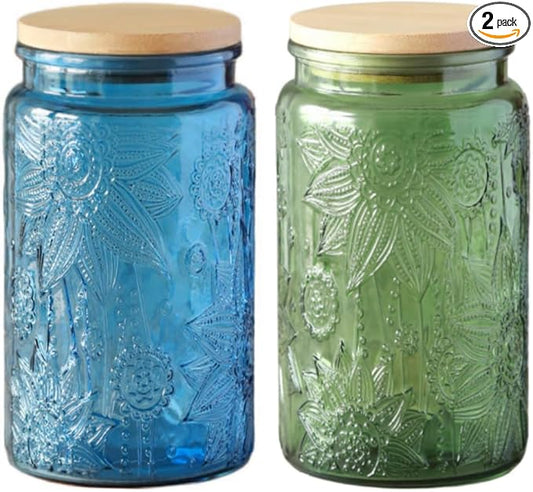 ANSQU Set of 2 Vintage Glass Jars, 34oz Candy Jars with Lids, Vintage Colored Mason Jar for Kitchen Decorative Jars for Coffee Tea Candy Cookies, Cute Jar (Blue & Green)