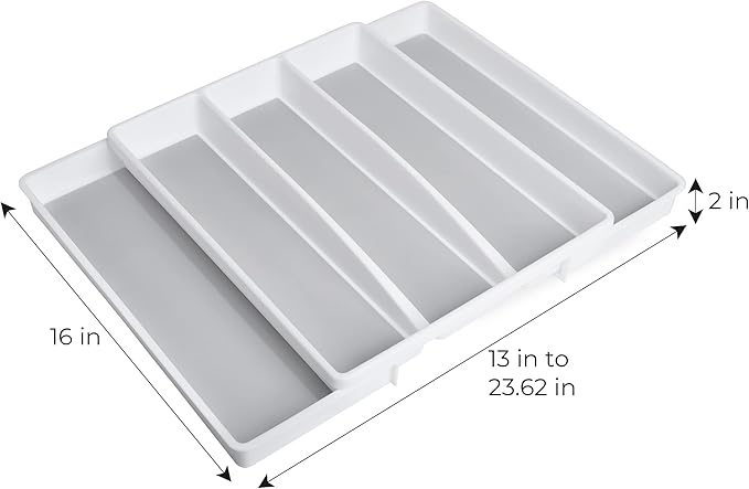 Smart Design Expandable 5 Compartment Plastic Drawer Organizer - Non-Slip Lining and Feet - BPA Free - Utensils, Flatware, Office, Personal Care, or Makeup Storage - Kitchen - White with Gray