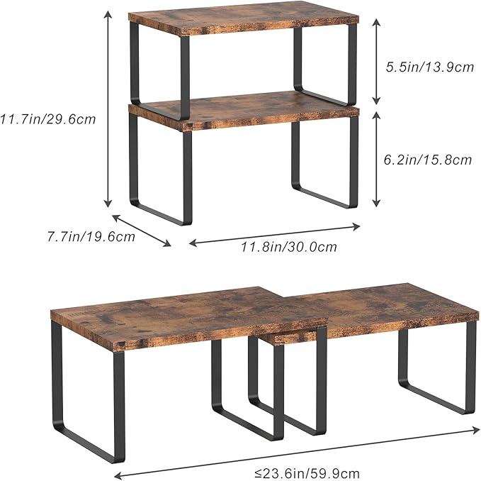 CADUKE Set of 4 Counter Shelves Kitchen Stackable Cabinet Shelf Wood Organizer Expandable Counter Top Racks Brown Bathroom Counter organizer