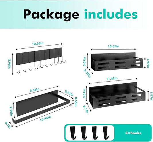 4 Pack Magnetic Spice Rack for Refrigerator with 4-Hook Rack and Paper Towel Holder, Black Magnetic Shelf and Fridge Kitchen Cabinet Organizers Storage Seasoning Organization Mini Shelves.