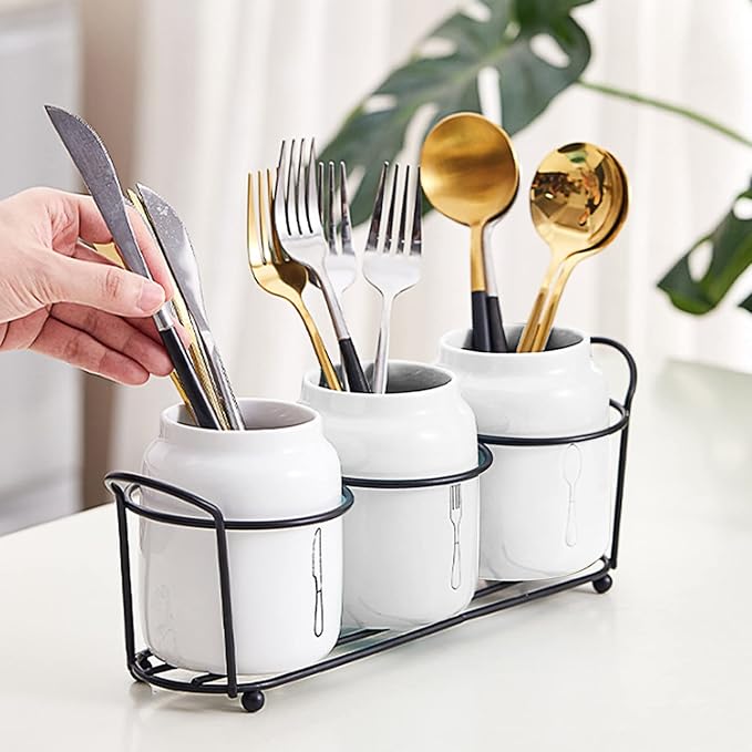 4 Piece Silverware Holder for Organizer Countertop White Ceramic Silverware Caddy with Black Metal Rack, Fork Spoon Utensil Holder Flatware Organizers Cutlery Storage for Kitchen Tabletop Cabinet