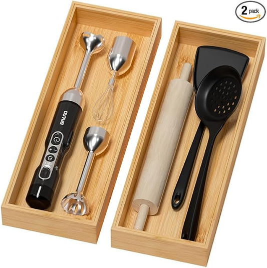 Bamboo Drawer Organizer for Kitchen & Bath, Extra Large Silverware & Toiletries Organizer, Stackable Utensil & Toilet Paper Basket (2 Pcs, Bamboo, 17 x 6 x 2 Inch)