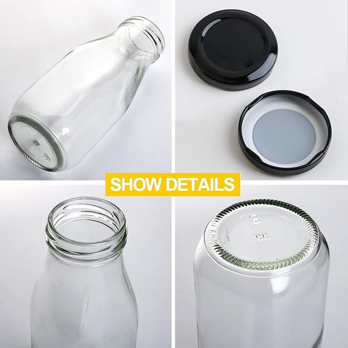 QAPPDA 12 oz Glass Bottles, Clear Glass Milk Bottles with Black Metal Airtight Lids, Vintage Breakfast Shake Container, Vintage Drinking Bottle with Whiteboard Labels and Pen for Party,Kids,Set of 20