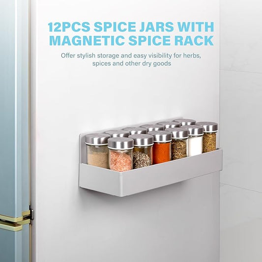 Magnetic Spice Rack with 12 Glass Spice Jars ，Spice Organizer Set for Refrigerator，3oz. Glass Spice Jars with Shaker Lids and Metal Caps，Magnetic Spice Rack with Jars Kitchen Spice Storage Set