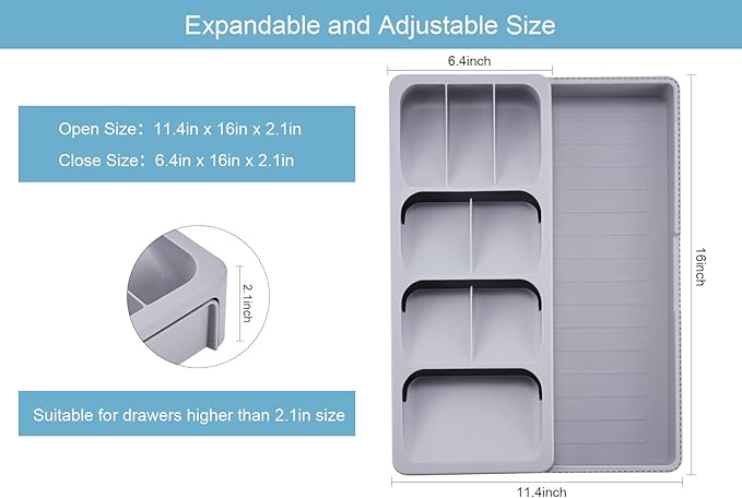 2pcs Expandable Kitchen Drawer Organizer, Adjustable Cutlery Trays and Utensil Holder, Kitchen Drawer Dividers Storage for Silverware, Flatware, Knives, Spoons, Gray