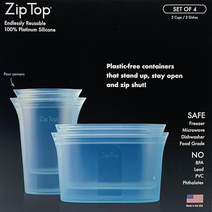 Zip Top Reusable Food Storage Bags | 4 Piece Cup/Dish Set [Teal] - Medium, Large | Silicone Meal Prep Container | Microwave, Dishwasher and Freezer Safe | Made in the USA