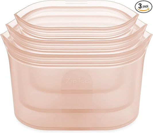 Zip Top Reusable Food Storage Bags | 3 Dish Set [Peach] | Silicone Meal Prep Container | Microwave, Dishwasher and Freezer Safe | Made in the USA