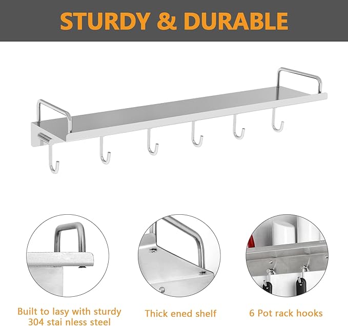 Kitchen Utensil Rack, 19.7 inch Spice Rack with 6 Hooks Wall Mount, Over the Stove Shelf, Stainless Steel, Hanging Storage Wall Shelf for Spatula Spoon, Seasoning Jar Organizer