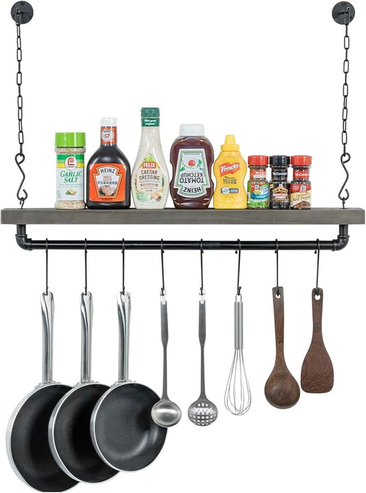 MyGift Ceiling or Wall Mounted Pot Rack with Shelf, Industrial Black Pipe and Gray Wood Hanging Cookware Utensil Organizer with 8 S-Hooks