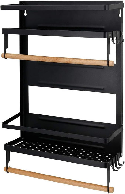 Jolitac Magnetic Fridge Spice Rack- Space Saving Organizer Black Shelf on Refrigerator, Kitchen Paper Towel Holder, Foldable Design (Black-Large)