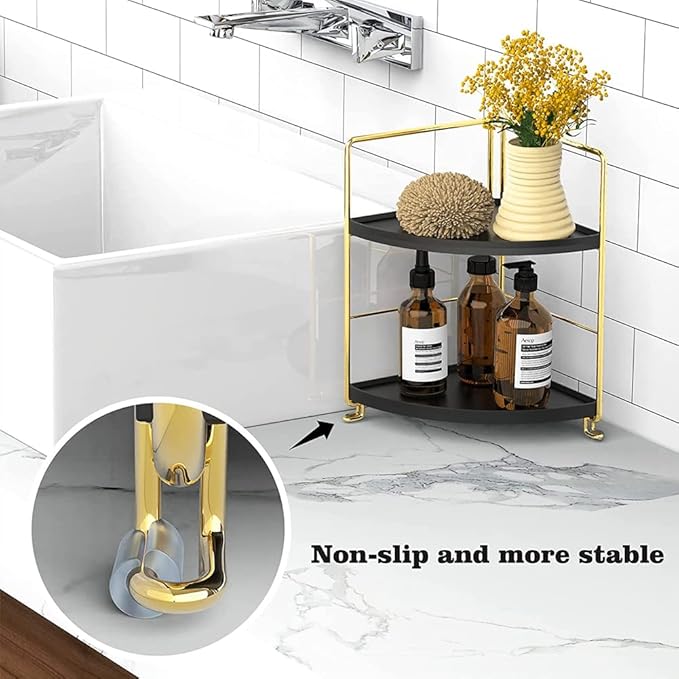 Kitchen Spice Rack Standing Shelf, 2-Tier Corner Storage Shelf, Bathroom Countertop Organizer, Vanity Tray Cosmetic & Makeup Storage,Gold&Black