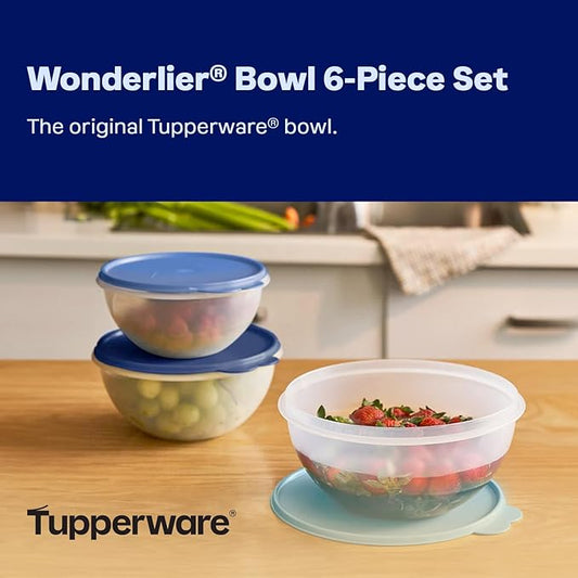 Tupperware Heritage Wonderlier 12 Piece Food Storage Bowl Set in Clear/Blue, Dishwasher Safe and BPA Free (6 Bowls, 6 Lids)