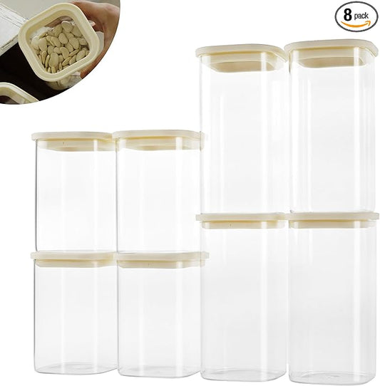 8pcs Square Pantry Glass Jars with Clear Airtight Lids Kitchen Canisters Sets for Flour, Sugar Refrigerator Safe, Available in 2 Sizes: 40oz / 54 oz
