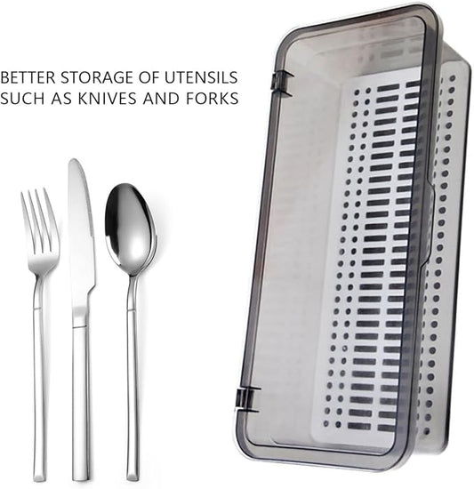 Flatware Tray with Lid, Silverware and Cutlery Storage Container for Flatware and Silverware (Grey)