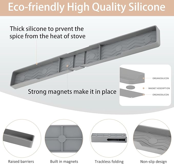 Silicone Stove Top Shelf 30" Magnetic Spice Rack Organizer Over the Stove Top for Kitchen for Curved Stove Oven Top Spice Rack Heat Insulation Non-slip (Gray)