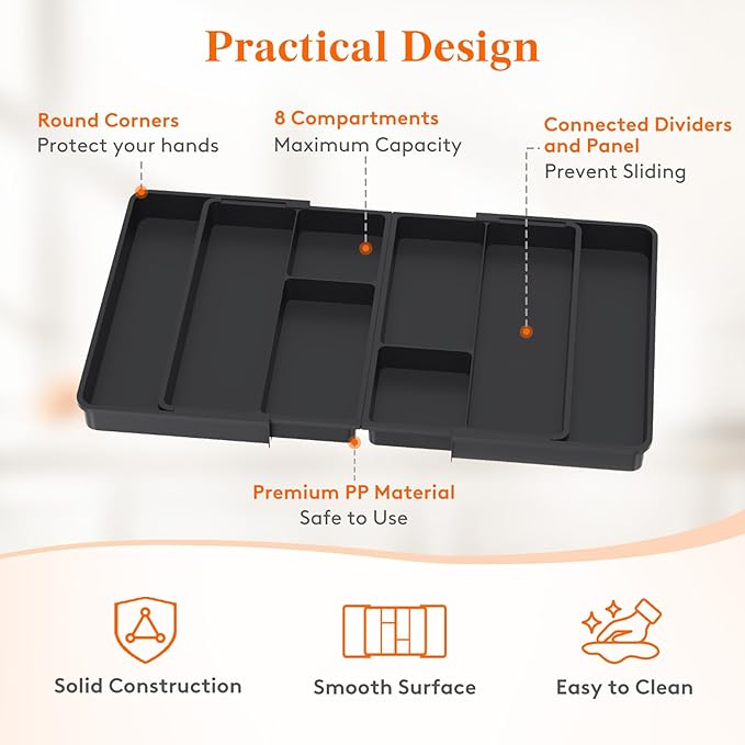 Lifewit Large Utensil Organizer for Kitchen Drawer, Expandable From 21 to 36 Inches, Adjustable Cooking Silverware Tray, Plastic Cutlery Flatware Holder, Spatula Tools Gadgets Storage Divider, Black