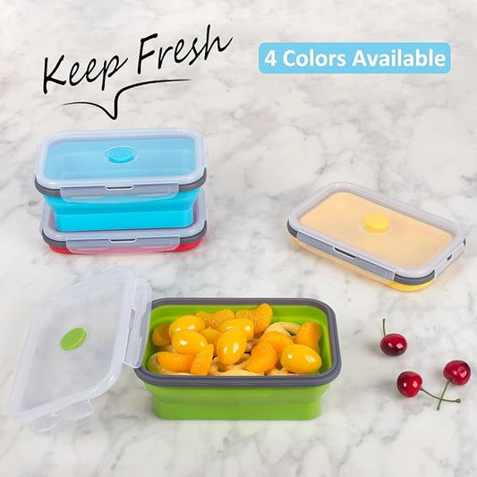 Collapsible Food Storage Containers with Airtight Lid, 27 oz, Kitchen Stacking Silicone Collapsible Meal Prep Container Set for Leftover, Microwave Freezer Dishwasher Safe, 4 Colors, Set of 4