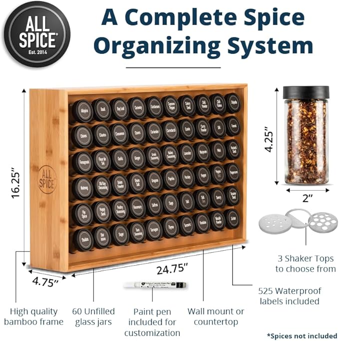 AllSpice Wood Spice Rack Organizer, 525 Unique Labels, Countertop or Wall Mount, Includes 60 4oz Jars- Bamboo