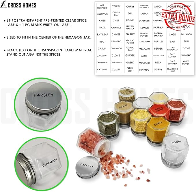Magnetic Empty Small Hexagon Glass Spice Jars 20 Sets With Lids, Shaker, Board, Labels - DIY Spice Tins/Rack for Refrigerator, Fridge, Cabinet, Wall Mount