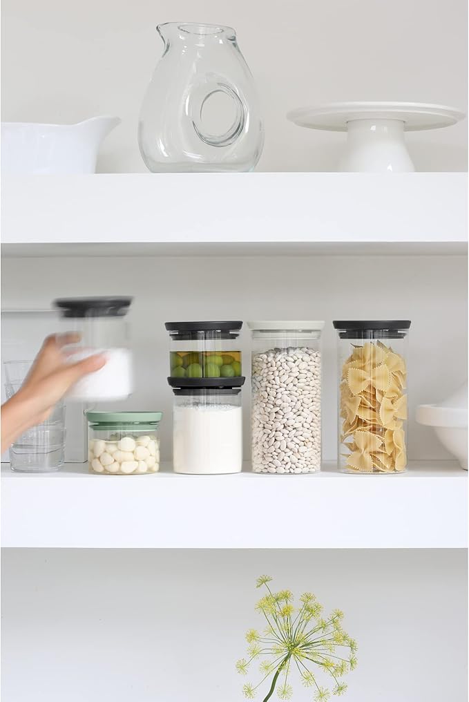 Brabantia 3pc Stackable Glass Food Jars (Mixed Colors) 0.08 + 0.16 + 0.3 Gal Heat-Safe, Dishwasher-Safe, Air-Tight Pantry Organizers