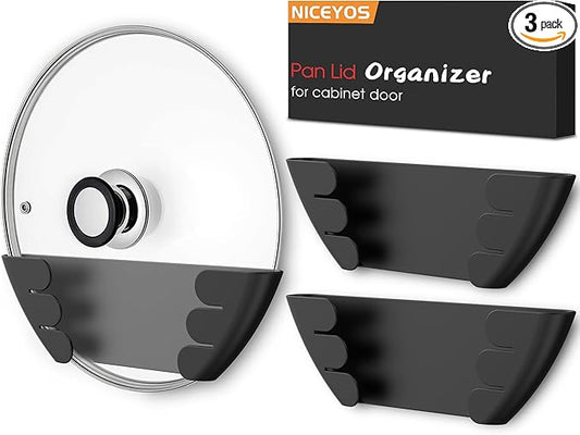 Universal Pot Lid Organizer for Cabinet - Upgraded Patented Niceyos 3 Pack Inside Cabinet Door Wall Mount Pan Top Storage Organizer Rack Holder for Kitchen, Fits 6" to 13" (Black)