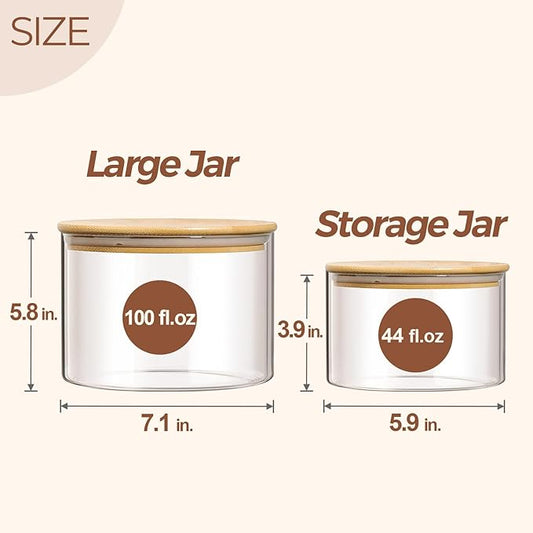 ComSaf Glass Food Storage Containers, 100 oz/44 oz Glass Flour and Sugar Containers with Airtight Lids, 7.1'' Wide Mouth Large Glass Jars with Bamboo Lid for Rice, Pasta, Oats, Grains, Cookie, Candy