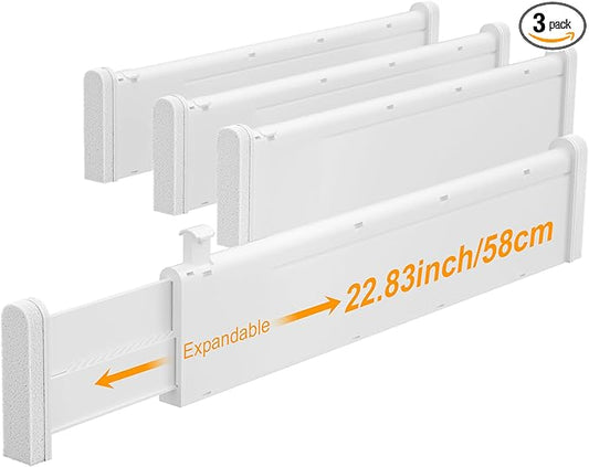 HiYZ Expandable Drawer Dividers, Large Kitchen Utensils Drawer Divider, 2.36" High Adjustable Drawer Organizers Separators for Clothing,Kitchen Utensils,Tools,3 Long Dividers(12.6"-22.8"), White