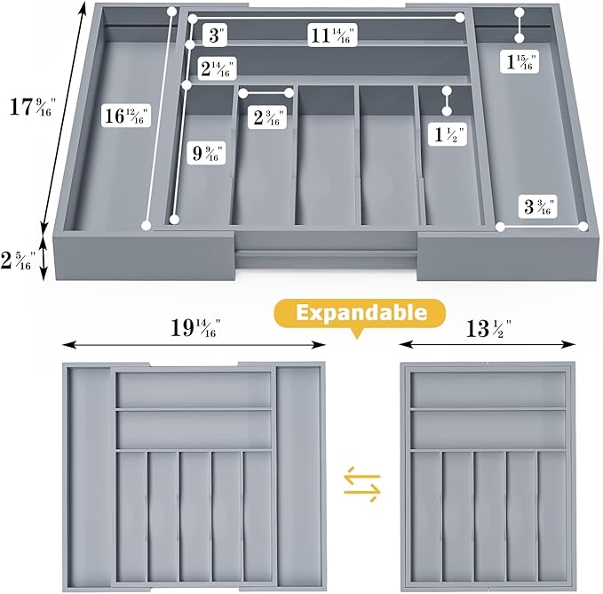 Silverware Organizer Utensil Drawer Organizer - Bamboo Cutlery Organizer Kitchen Drawer Organizer for Silverware, Utensils, Cutlery, Flatware, Knives W13.5-19.9" x L17.6 (Grey)