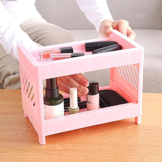 PRETYZOOM 2 Tier Foldable Countertop Organizer, Small Plastic Storage Rack for Kitchen Bathroom, Multifunctional Mini Shelf for Makeup Organizer, Bathroom Countertop Shelf, Kitchen Seasoning Holder