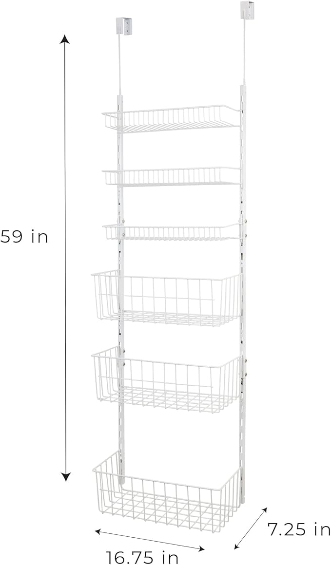 Smart Design Over The Door Pantry Organizer Rack with 6 Adjustable Shelves - Steel Metal Wire Baskets and Frame - Hanging - Wall Mountable - Cans, Spice, Storage, Closet, Bathroom, Kitchen - White