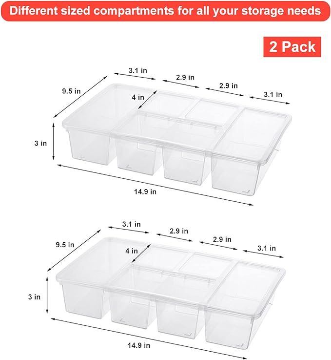 Taiuloo 2 Pack Divided Veggie Tray with Lid, 5 Compartment Snackle Box Container for Fridge, Clear Refrigerator Organizer Bins Plastic Food Storage Containers for Snack, Fruit, Vegetable, Salad, Meat