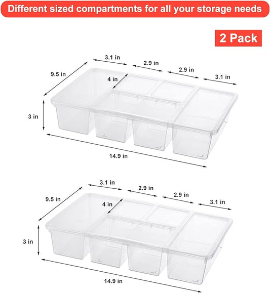 Taiuloo 2 Pack Divided Veggie Tray with Lid, 5 Compartment Snackle Box Container for Fridge, Clear Refrigerator Organizer Bins Plastic Food Storage Containers for Snack, Fruit, Vegetable, Salad, Meat