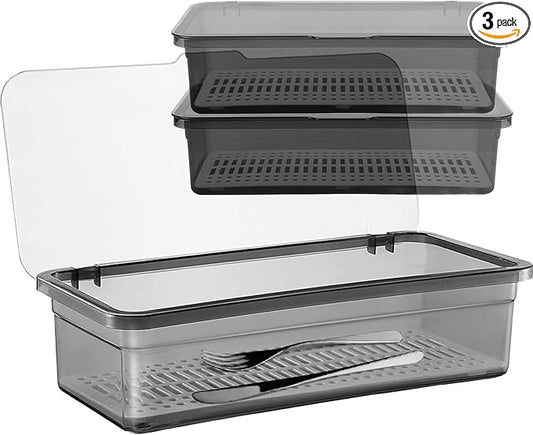 3PCS Flatware Tray with Lid and Drainer, Tableware Utensil and Cutlery Drawer Organizer with Lid Covered Silverware Tray to Keeps Your Cutlery Organized and Protected,Grey